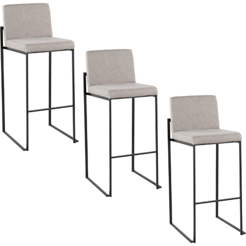 Fuji 30" High Back Bar Stool in Black Steel & Grey Fabric (Set of 3)